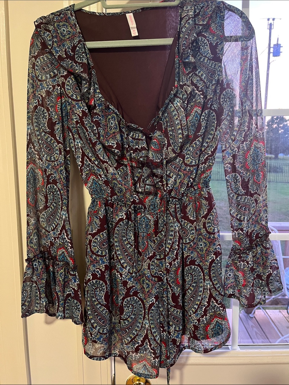 Xhilaration Burgundy Paisley Long Sleeve Peasant Romper